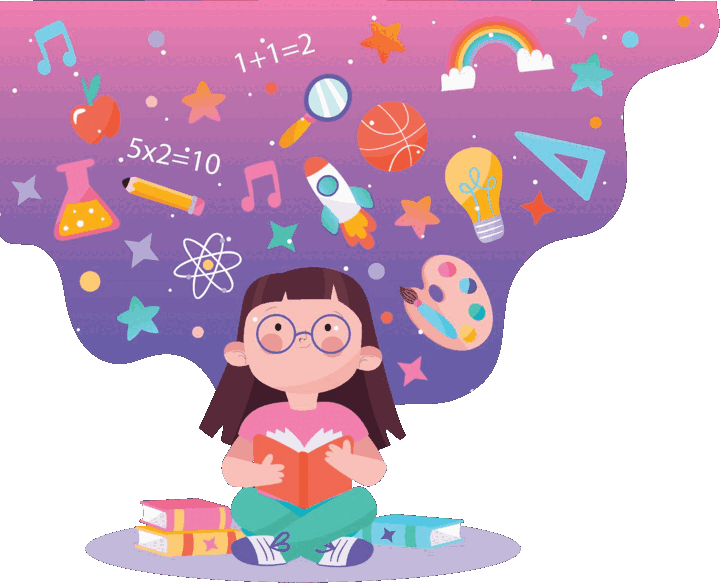Una niña con gafas lee un libro sentada en el suelo; de las páginas salen estrellas, un átomo, un cohete, notas musicales y fórmulas